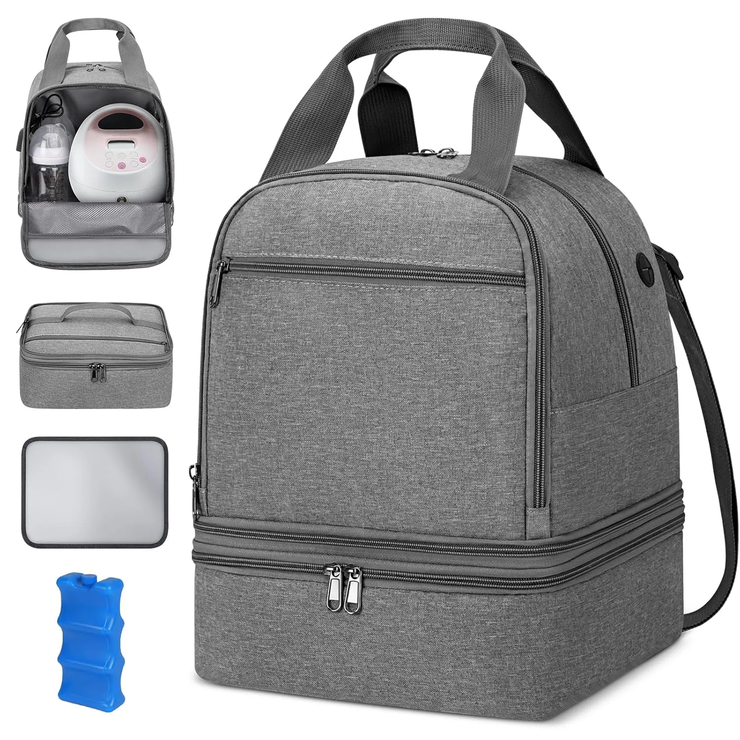 Breast Pump Bag, Double Layer Removable Pump Bag with Ice Pack, Breast Milk Cooler Bags for Working Mom, Breast Pump Storage Bags Pumping Bag Compatible with Medela & Spectra S1 S2, Grey