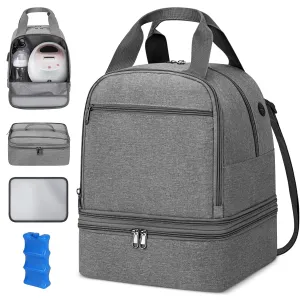 Breast Pump Bag, Double Layer Removable Pump Bag with Ice Pack, Breast Milk Cooler Bags for Working Mom, Breast Pump Storage Bags Pumping Bag Compatible with Medela & Spectra S1 S2, Grey