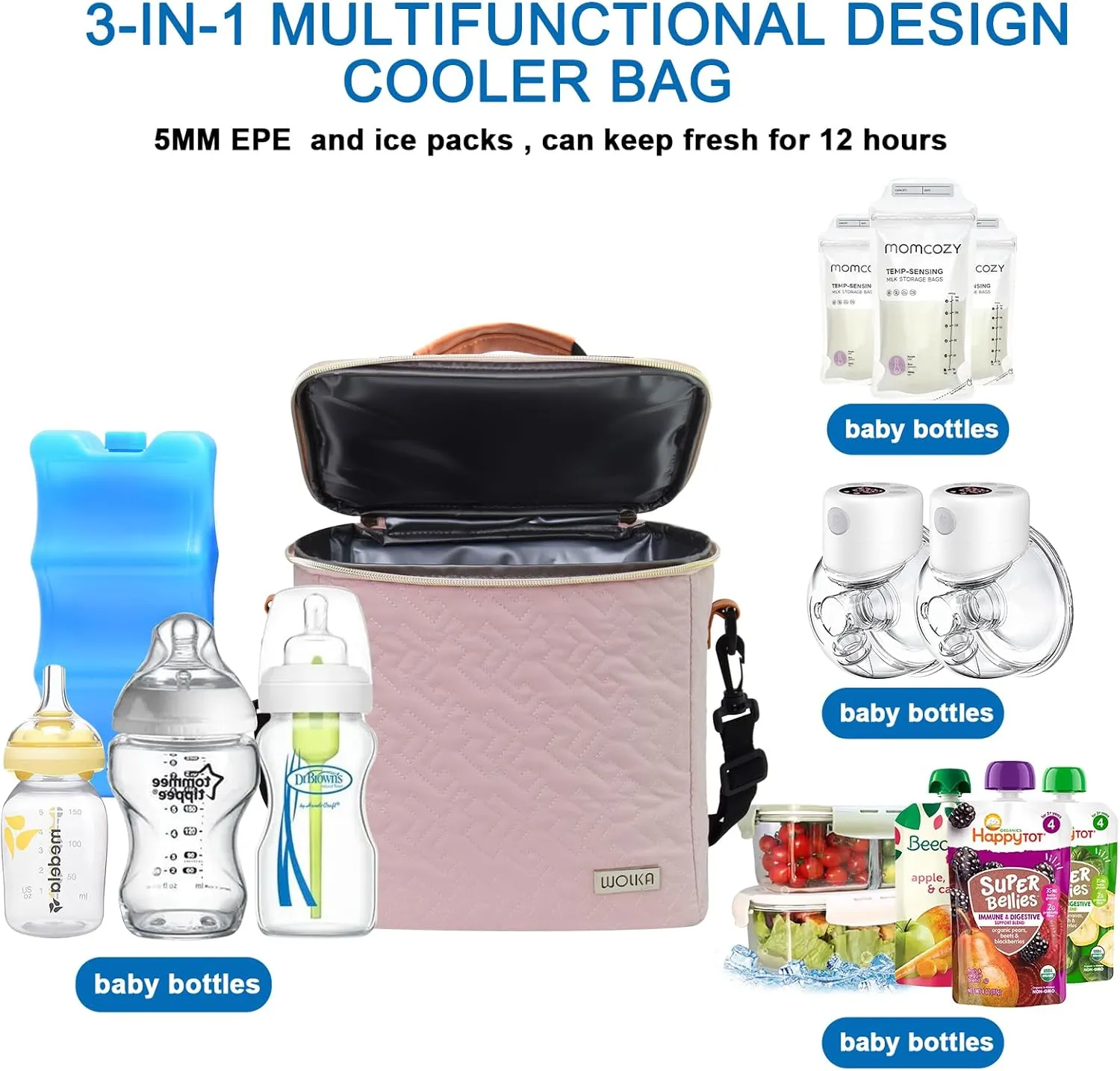 Breastmilk Cooler Bag with Ice Pack,Fits 6 Baby Bottles Up to 9 Ounce,Insulated Baby Bottle Tote Bags with Multifunctional Outdoor Picnic,for Nursing Mom Daycare,Travel Cooler Bag