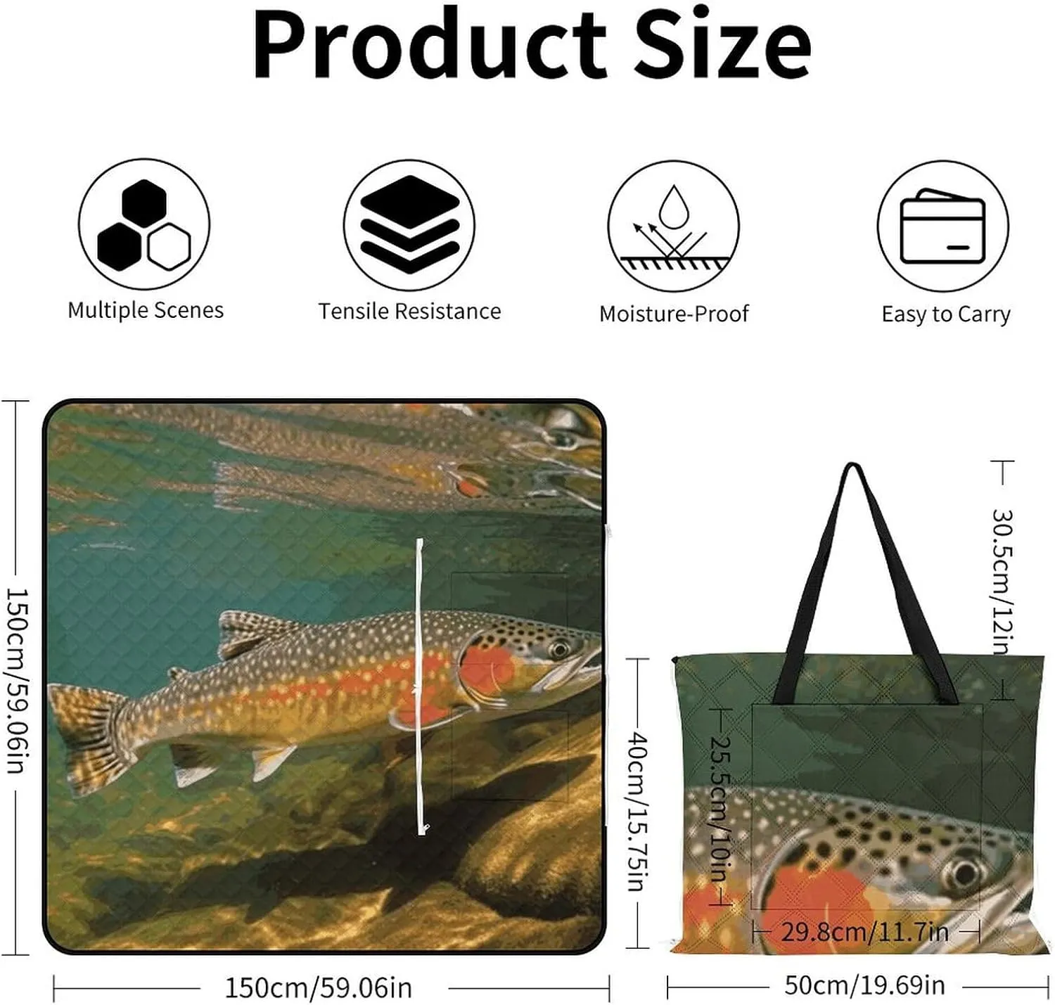 Brook Trout Fly Fishing Picnic Blankets Waterproof Blanket Outdoor Beach Blanket with Tote Bag Design, Foldable Picnic Mat for Camping, Beach, Park 150x150cm