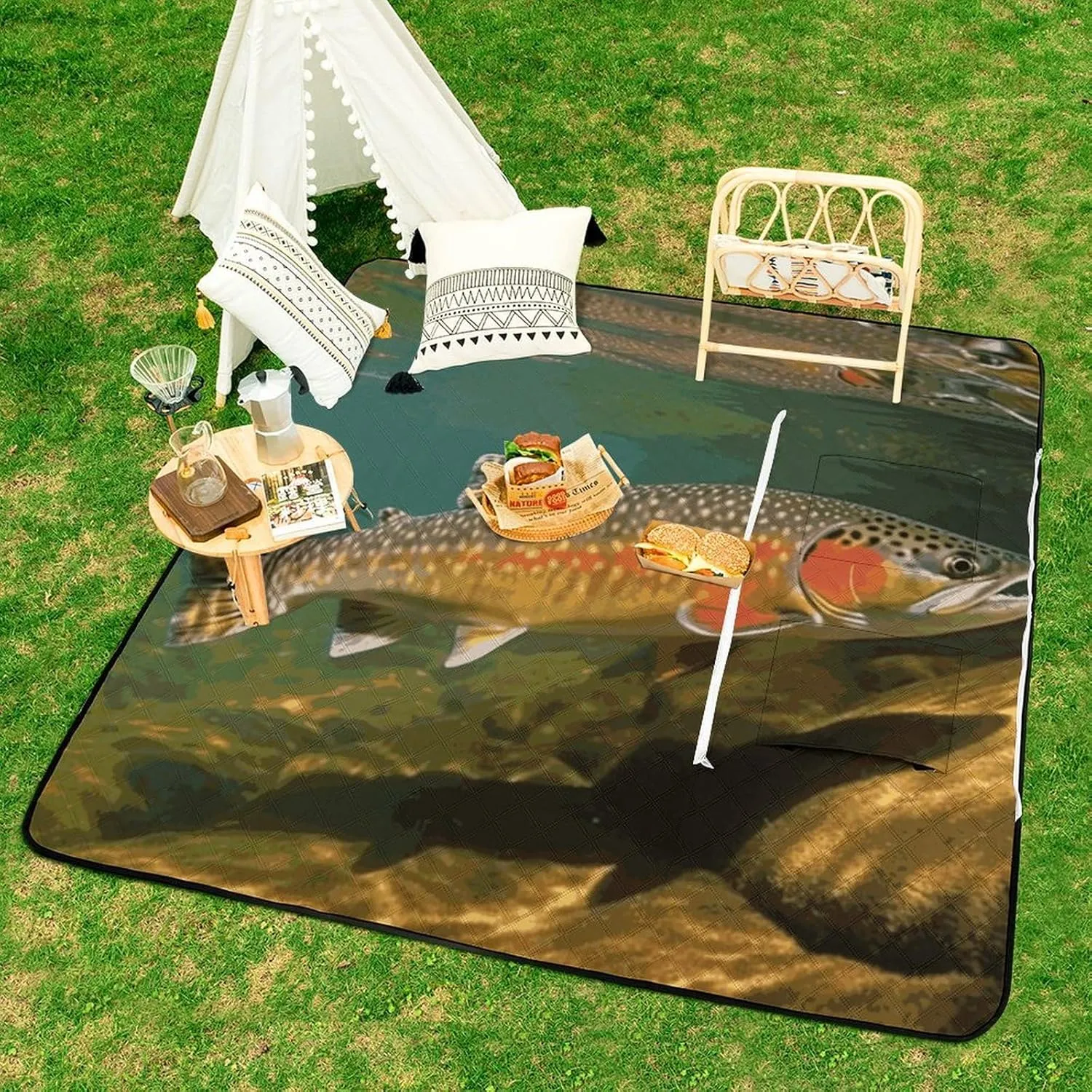 Brook Trout Fly Fishing Picnic Blankets Waterproof Blanket Outdoor Beach Blanket with Tote Bag Design, Foldable Picnic Mat for Camping, Beach, Park 150x150cm