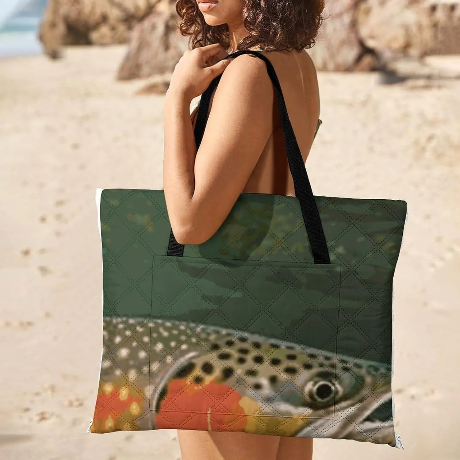 Brook Trout Fly Fishing Picnic Blankets Waterproof Blanket Outdoor Beach Blanket with Tote Bag Design, Foldable Picnic Mat for Camping, Beach, Park 150x150cm