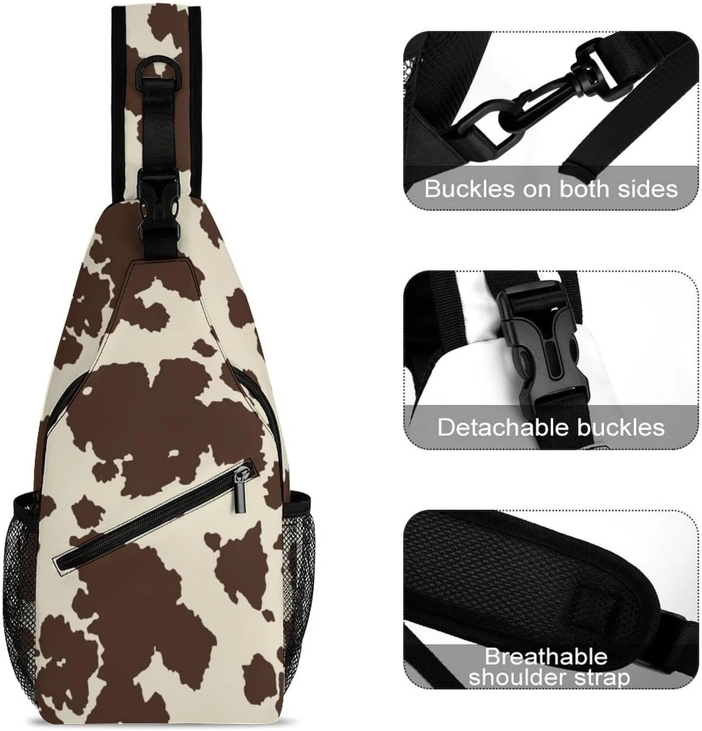 Brown Cow Cowhide Pattern Sling Bag Man Women Crossbody Backpack Chest Daypack Small Cross Body Backpack Hiking Bag Cycling Daypack Sports Backpacks