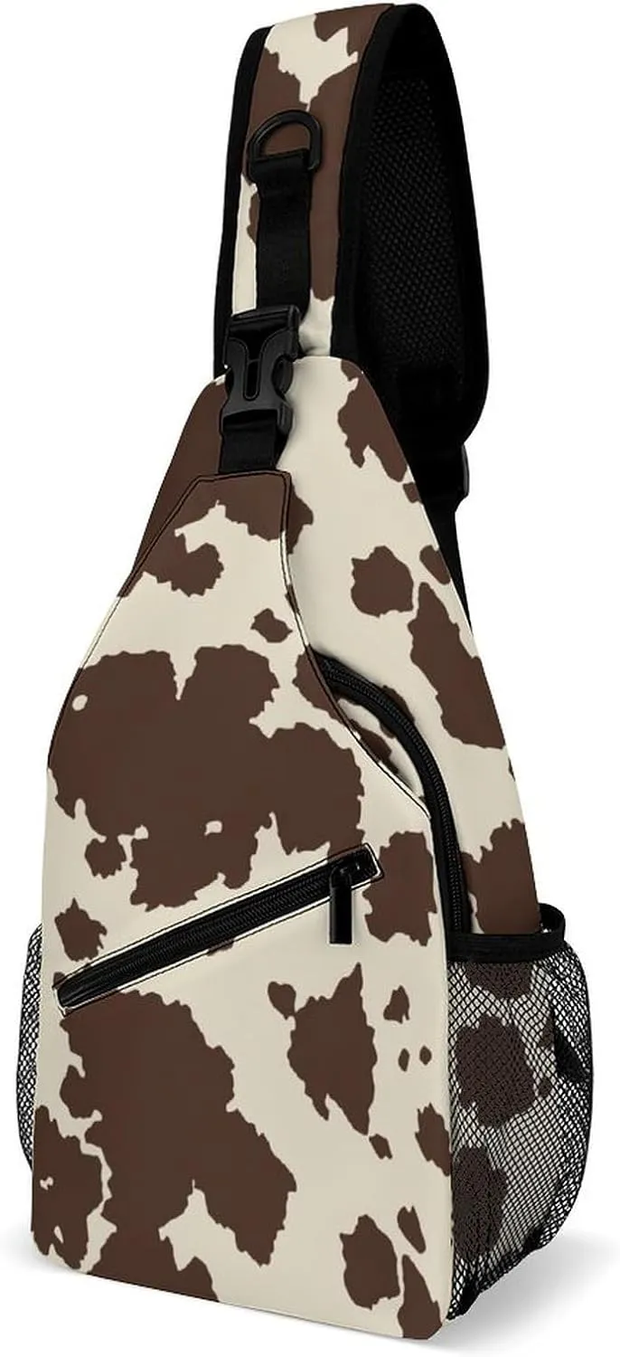 Brown Cow Cowhide Pattern Sling Bag Man Women Crossbody Backpack Chest Daypack Small Cross Body Backpack Hiking Bag Cycling Daypack Sports Backpacks