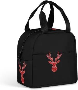 Buffalo Plaid Deer Head Reusable Lunch Bento Box Insulated Portable Handbags for Office Work Picnic for Men Women