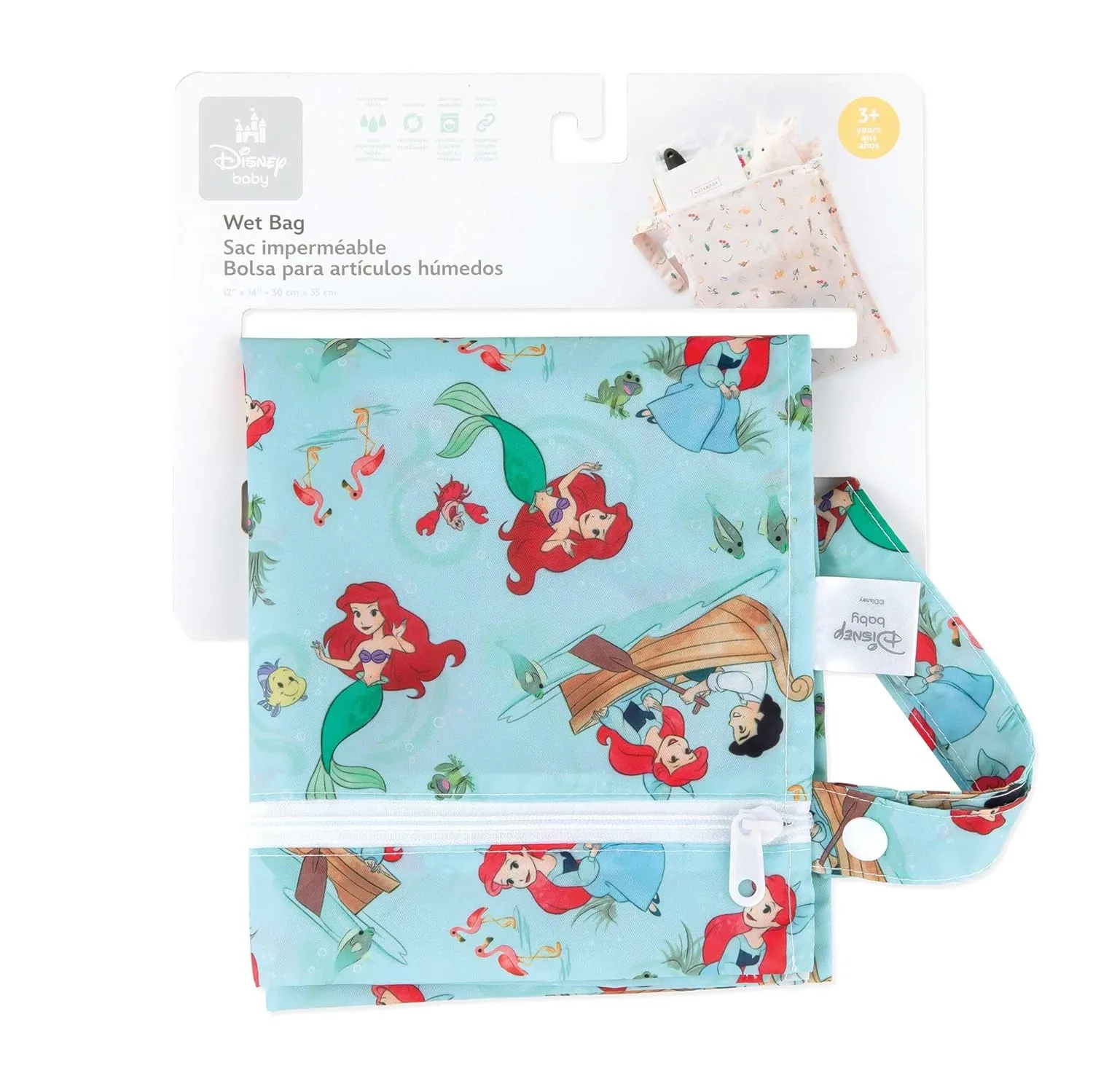 Bumkins Disney Ariel Waterproof Wet Bag for Baby, Travel, Swim Suit, Cloth Diapers, Pump Parts, Pool, Beach, Gym Clothes, Toiletry, Hook to Stroller, Daycare, Zipper Reusable Wetdry Packing Pouch