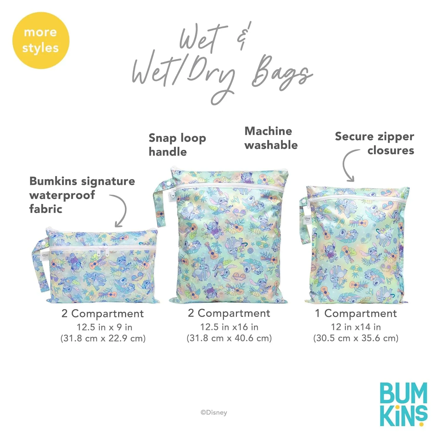Bumkins Disney Ariel Waterproof Wet Bag for Baby, Travel, Swim Suit, Cloth Diapers, Pump Parts, Pool, Beach, Gym Clothes, Toiletry, Hook to Stroller, Daycare, Zipper Reusable Wetdry Packing Pouch