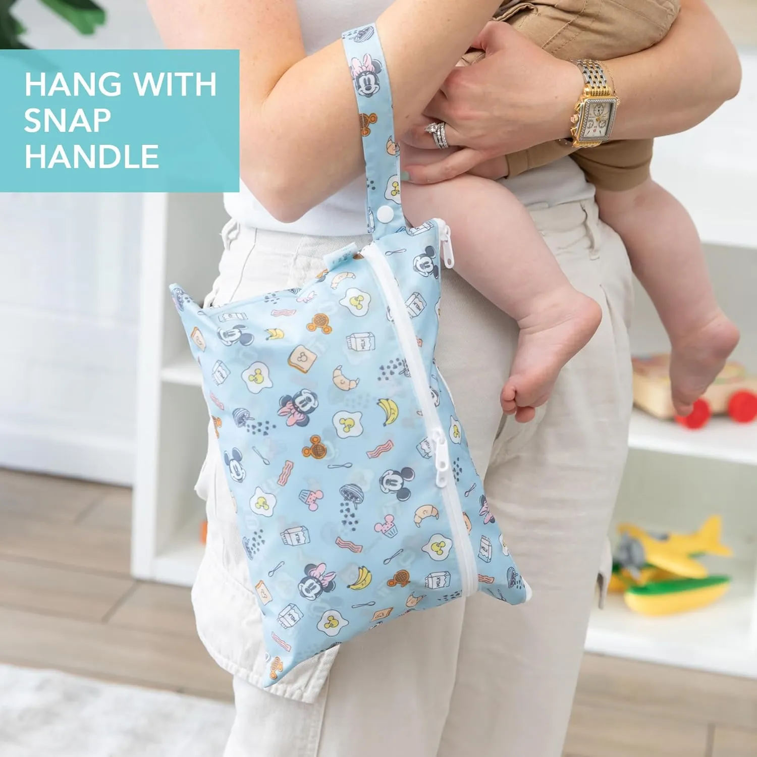 Bumkins Disney Waterproof Wet Dry Clutch Bag for Baby, Travel, Swim Suit, Cloth Diapers, Pump Parts, Pool, Gym Clothes, Toiletry, Hook to Stroller, Daycare, Packing Pouch, Zip Bag, Mickey and Minnie