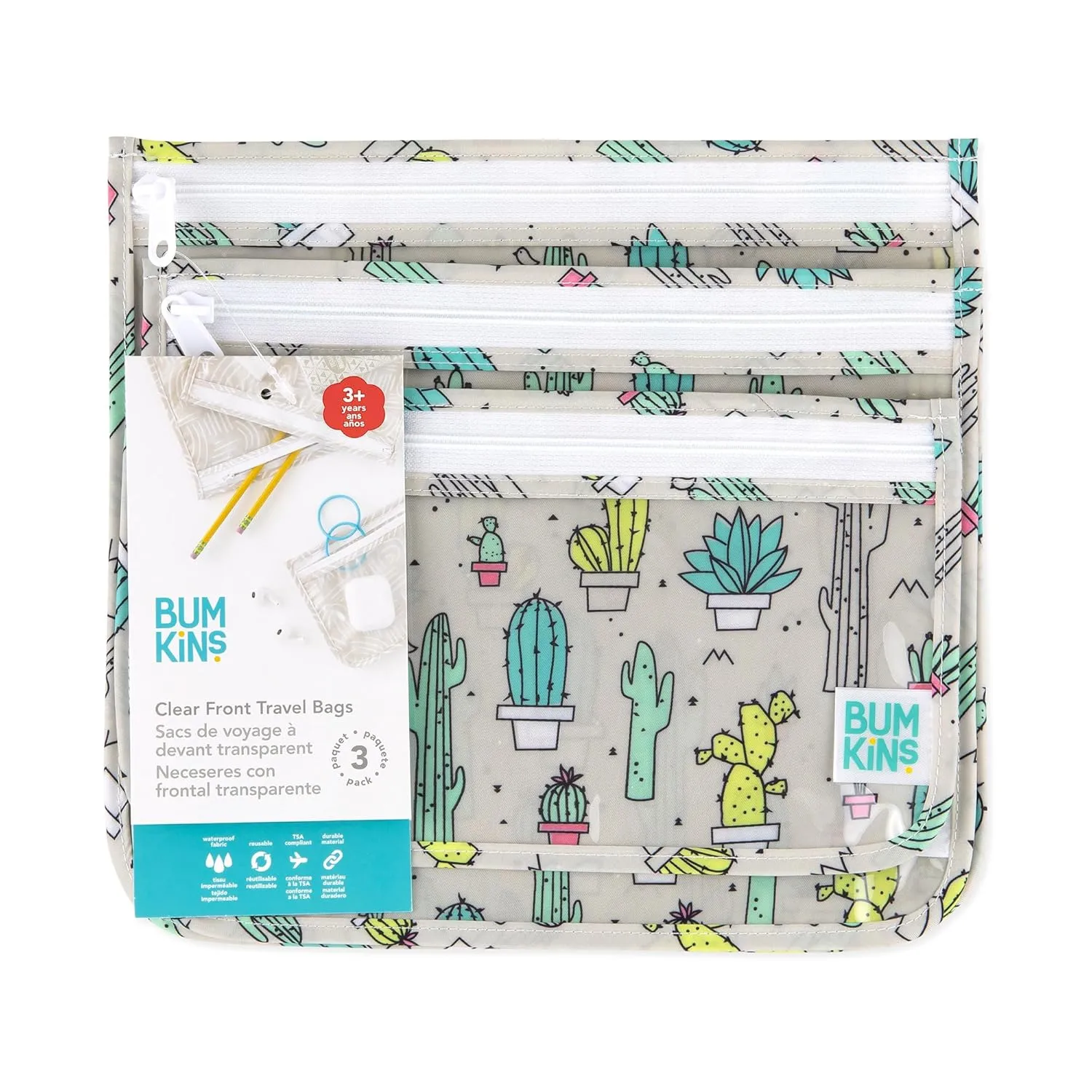 Bumkins Travel Bag, Toiletry, TSA Approved Pouch, Zip Bag, Quart Size Airline Compliant, Clear-Sided, Baby, Diaper Bag Organization, Makeup, Accessories, Packing, Set of 3 Sizes, Cactus Green