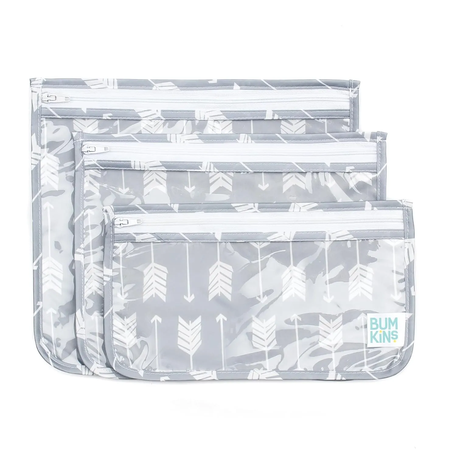 Bumkins Travel Bag, Toiletry, TSA Approved Pouch, Zip Bag, Quart Size Airline Compliant, Clear-Sided, Baby, Diaper Bag Organization, Makeup, Accessories, Packing, Set of 3 Sizes, Gray Arrows