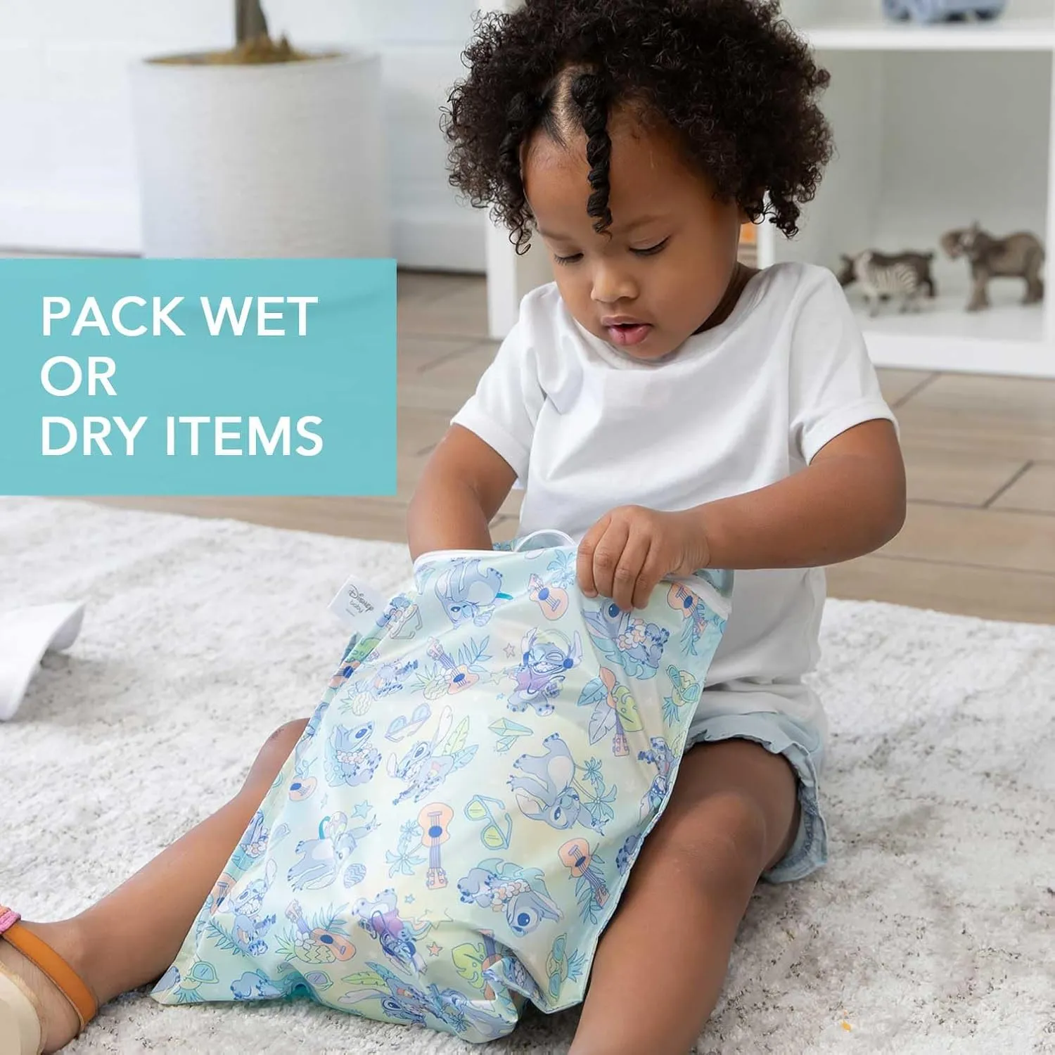 Bumkins Waterproof Wet Bag for Baby, Travel, Swim Suit, Cloth Diapers, Pump Parts, Pool, Beach, Gym Clothes, Toiletry, Hook to Stroller, Daycare, Zipper Reusable Wetdry Packing, 2-pk Disney Stitch