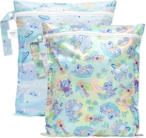 Bumkins Waterproof Wet Bag for Baby, Travel, Swim Suit, Cloth Diapers, Pump Parts, Pool, Beach, Gym Clothes, Toiletry, Hook to Stroller, Daycare, Zipper Reusable Wetdry Packing, 2-pk Disney Stitch