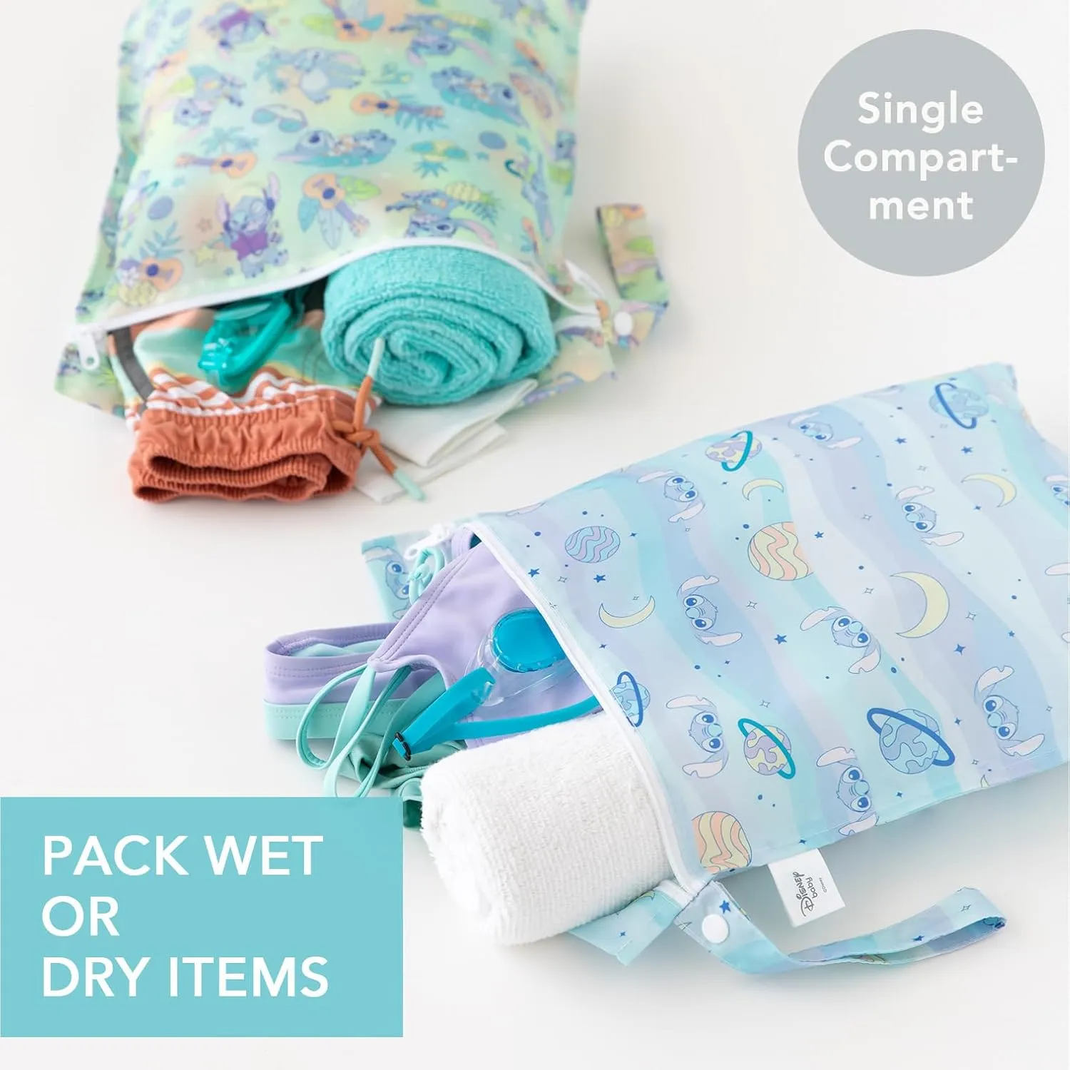 Bumkins Waterproof Wet Bag for Baby, Travel, Swim Suit, Cloth Diapers, Pump Parts, Pool, Beach, Gym Clothes, Toiletry, Hook to Stroller, Daycare, Zipper Reusable Wetdry Packing, 2-pk Disney Stitch