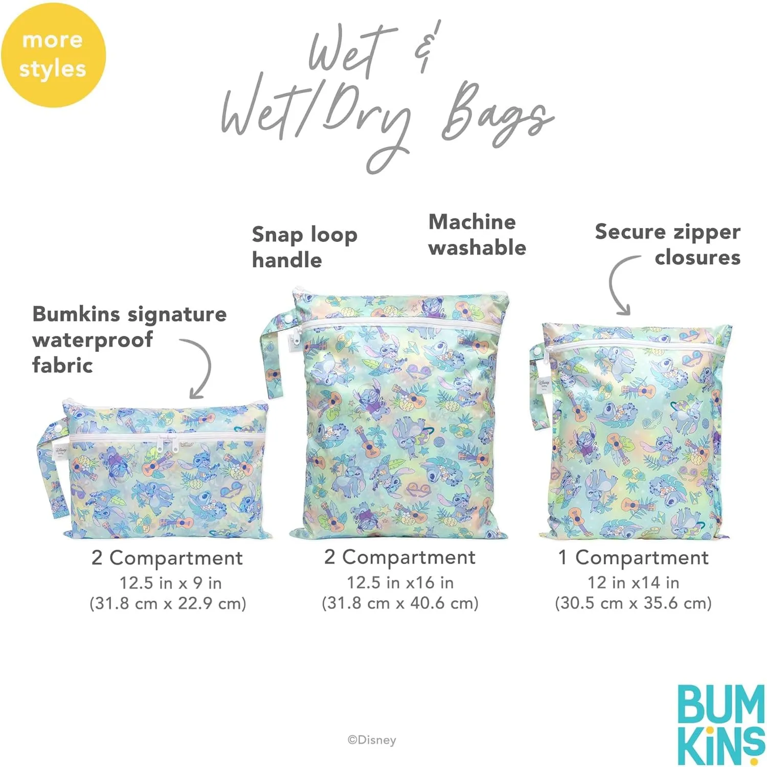 Bumkins Waterproof Wet Bag for Baby, Travel, Swim Suit, Cloth Diapers, Pump Parts, Pool, Beach, Gym Clothes, Toiletry, Hook to Stroller, Daycare, Zipper Reusable Wetdry Packing, 2-pk Disney Stitch