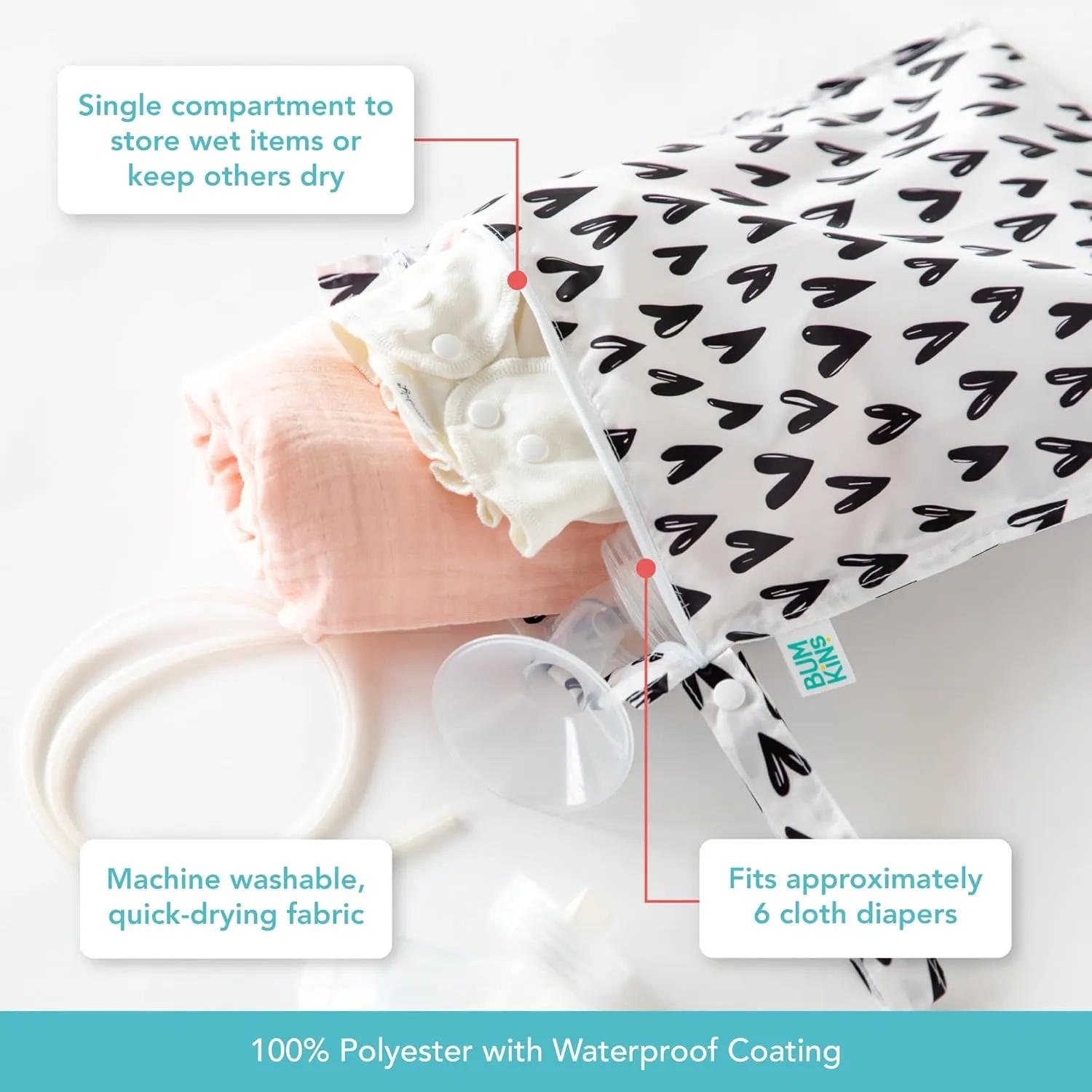 Bumkins Waterproof Wet Bag for Baby, Travel, Swim Suit, Cloth Diapers, Pump Parts, Pool, Beach, Gym Clothes, Toiletry, Hook to Stroller, Daycare, Zipper Reusable Wetdry Packing Pouch, Black Hearts