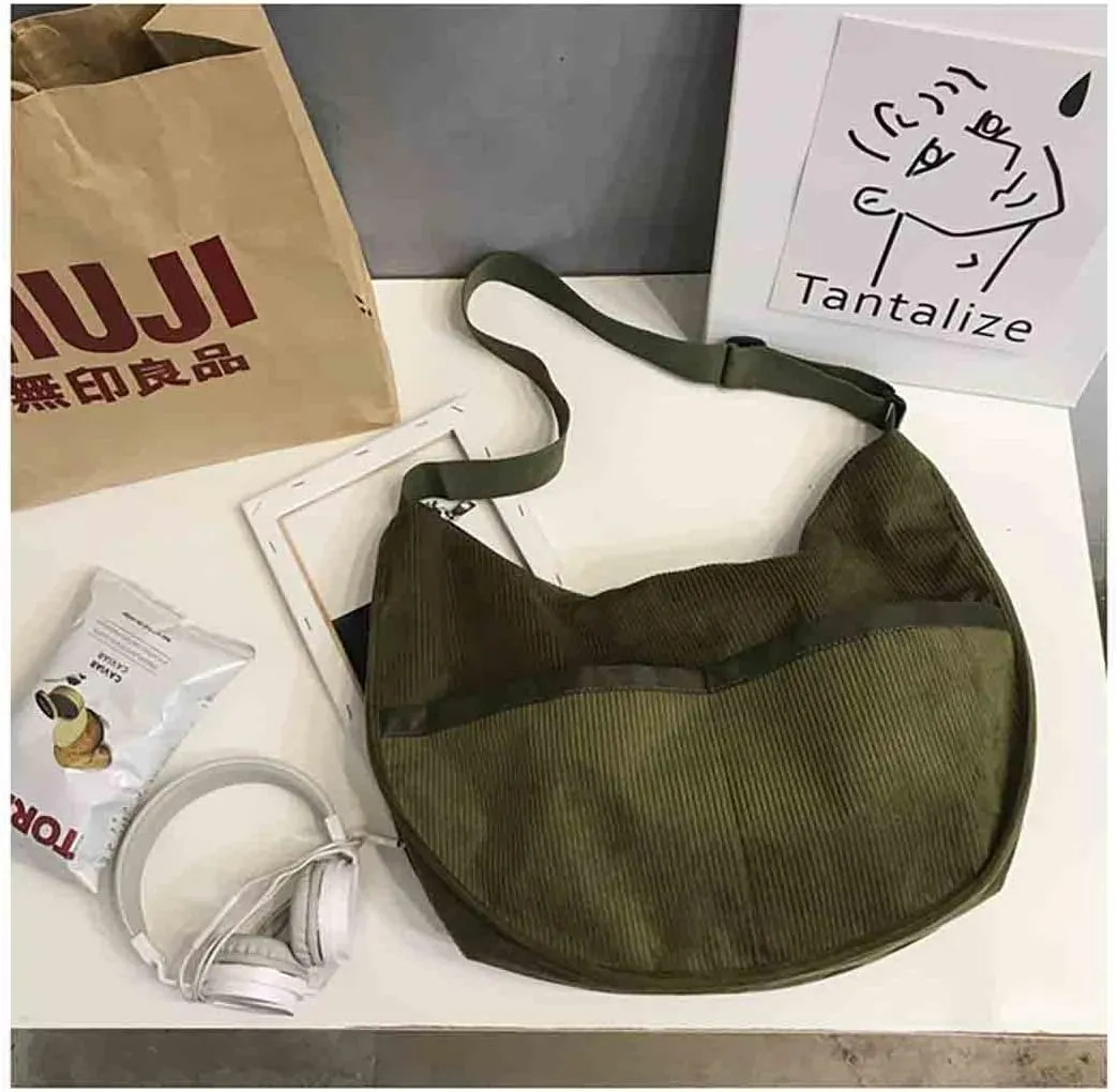 BXCNCKD Large capacity corduroy messenger bag Women's fashion solid color shoulder bag Women's retro messenger bag (green)