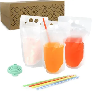 C CRYSTAL LEMON 400PCS Drink Pouches with 400 Straws – Reusable Juice and Smoothie Bags with Zipper Seal – BPA-Free Stand-Up Plastic Pouches for Party, Travel, Camping & Bulk Drinks