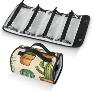 Cactus Toiletry Bag for Women, 4 in 1 Roll Up Makeup Cosmetic Bag With 4 Removable PVC Zipper Pouch