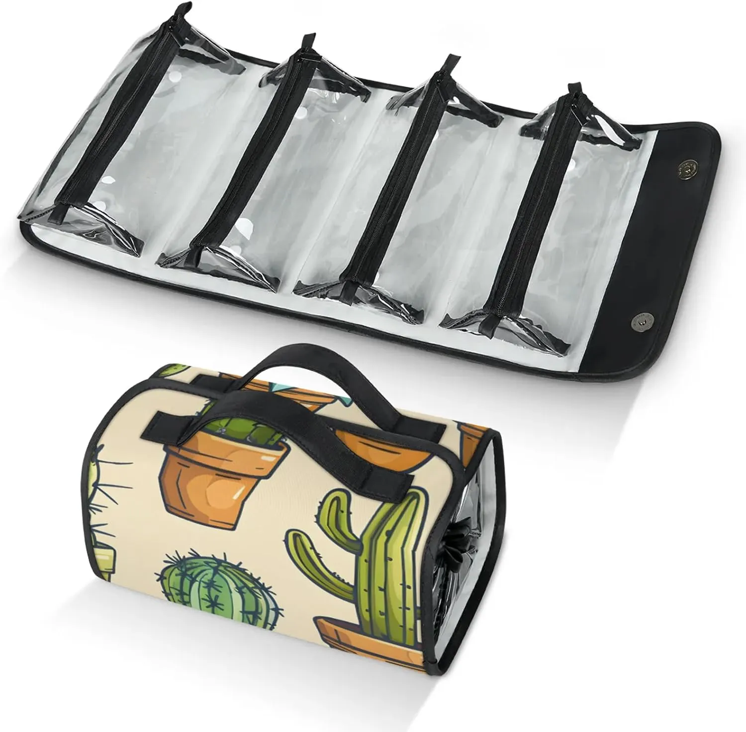 Cactus Toiletry Bag for Women, 4 in 1 Roll Up Makeup Cosmetic Bag With 4 Removable PVC Zipper Pouch