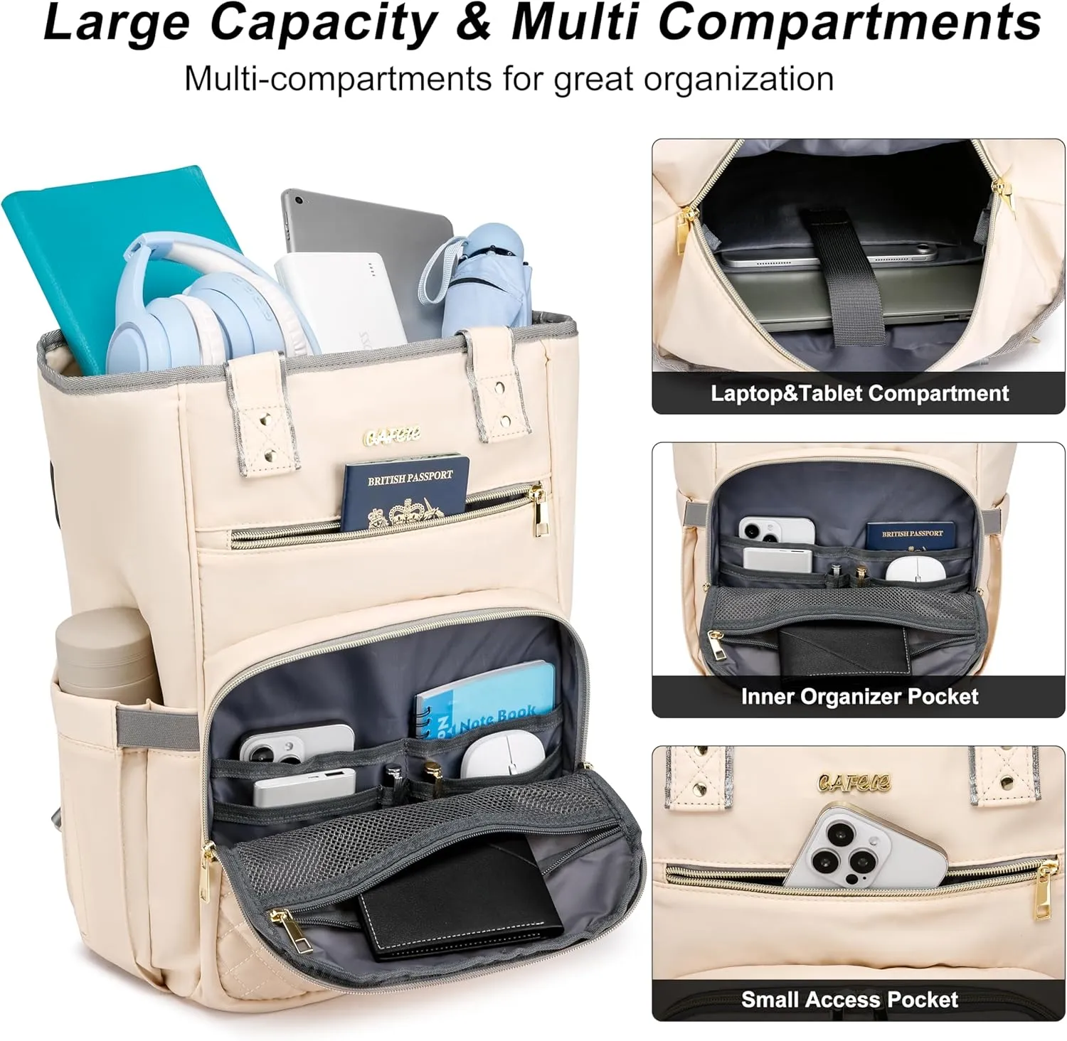 CAFELE Laptop Backpack,Wide Open Travel Backpack Purse Convertible Business Computer Tote Daypack with USB Port,17.3 Inch Convertible Work Laptop Bag Teacher Nurse Backpack,Beige(2322H-04)