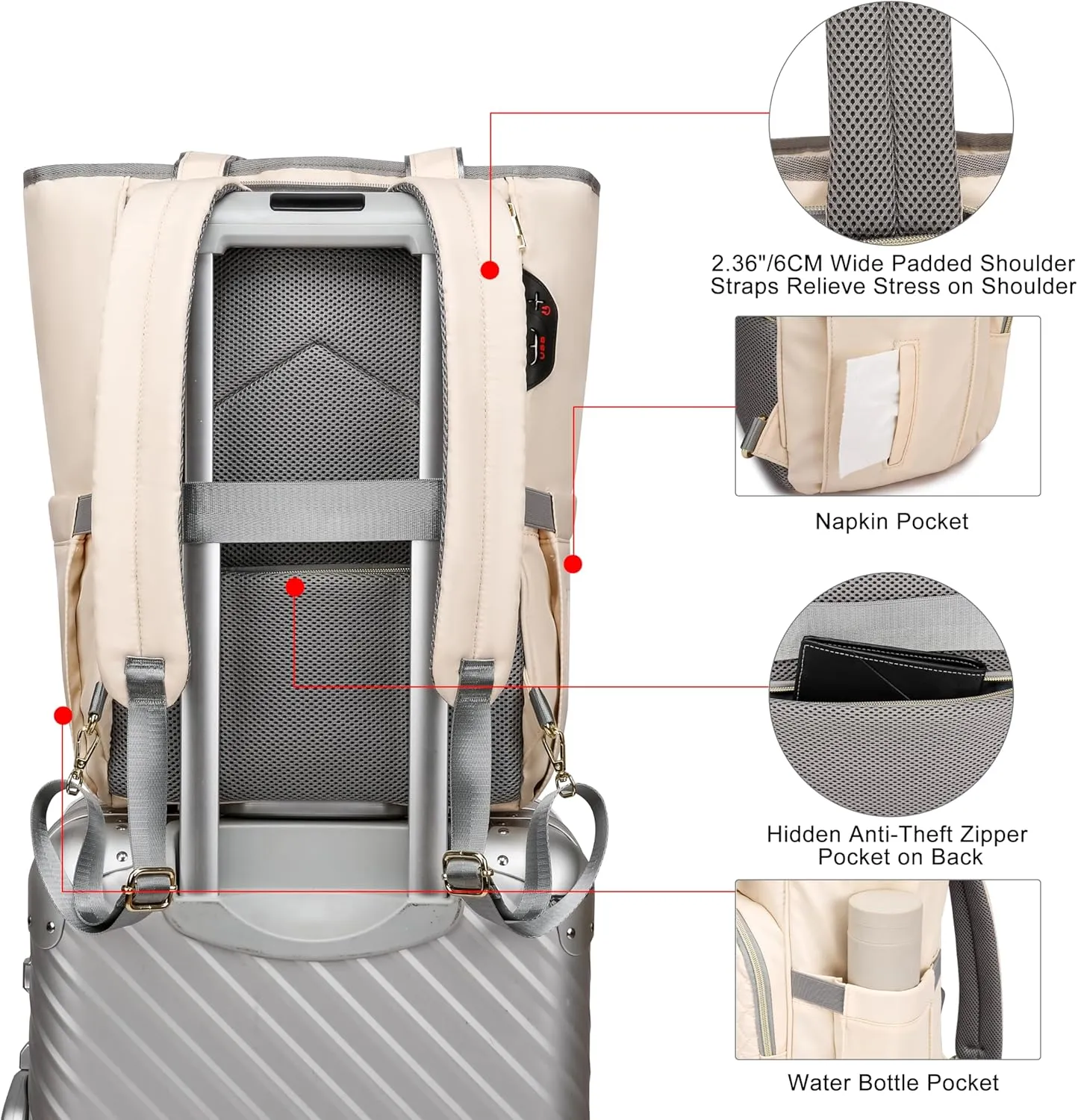 CAFELE Laptop Backpack,Wide Open Travel Backpack Purse Convertible Business Computer Tote Daypack with USB Port,17.3 Inch Convertible Work Laptop Bag Teacher Nurse Backpack,Beige(2322H-04)