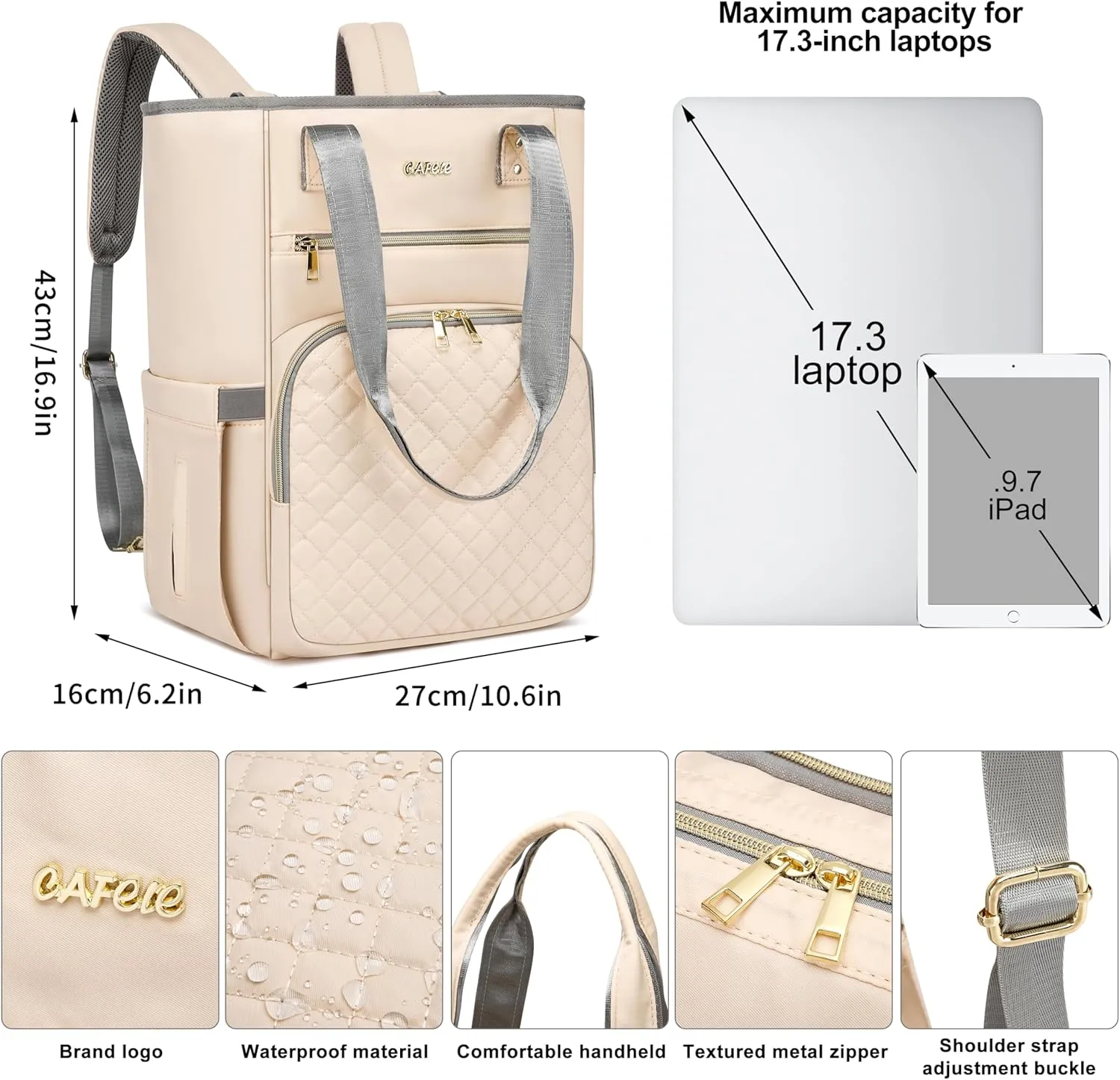 CAFELE Laptop Backpack,Wide Open Travel Backpack Purse Convertible Business Computer Tote Daypack with USB Port,17.3 Inch Convertible Work Laptop Bag Teacher Nurse Backpack,Beige(2322H-04)