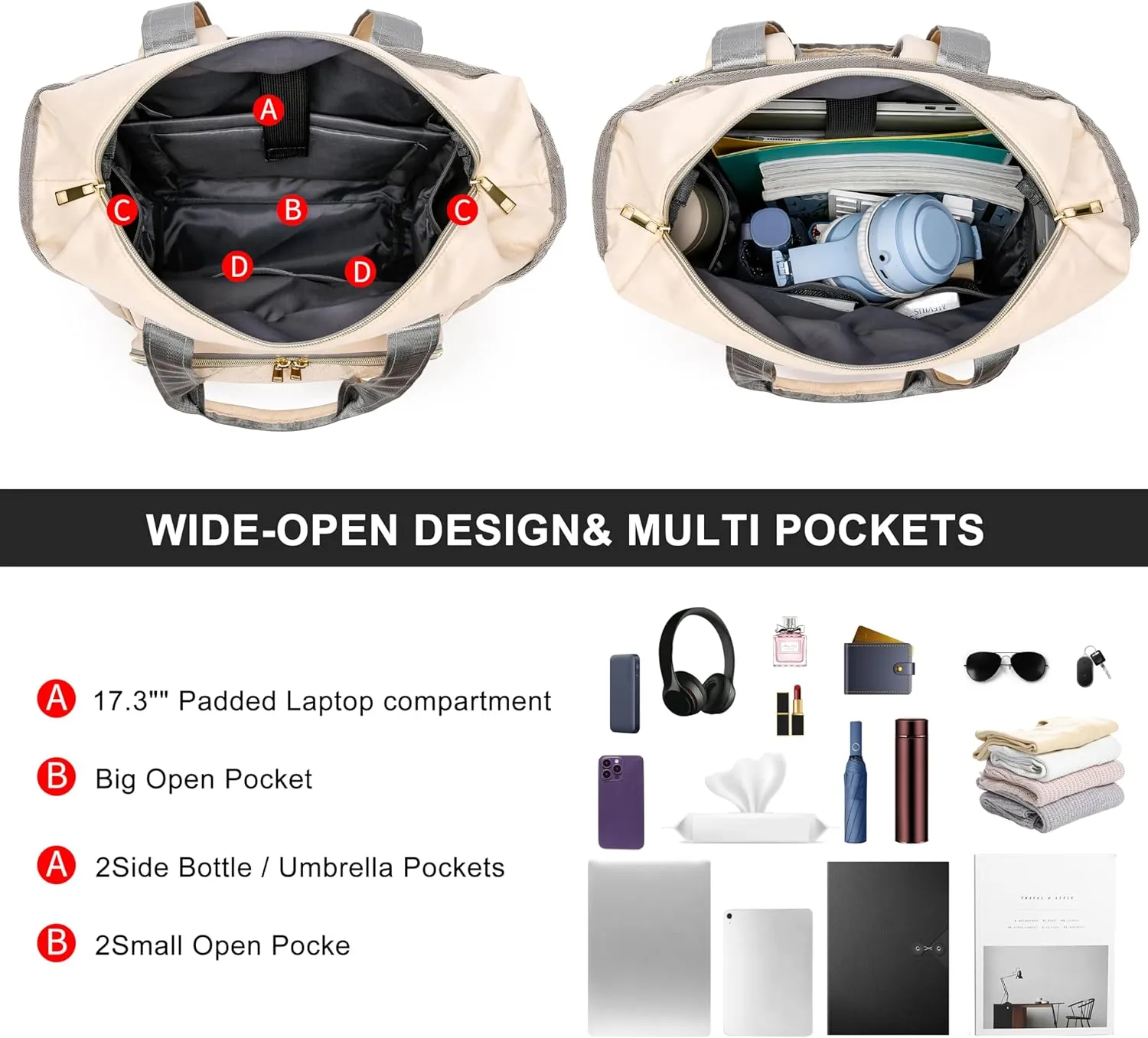 CAFELE Laptop Backpack,Wide Open Travel Backpack Purse Convertible Business Computer Tote Daypack with USB Port,17.3 Inch Convertible Work Laptop Bag Teacher Nurse Backpack,Beige(2322H-04)