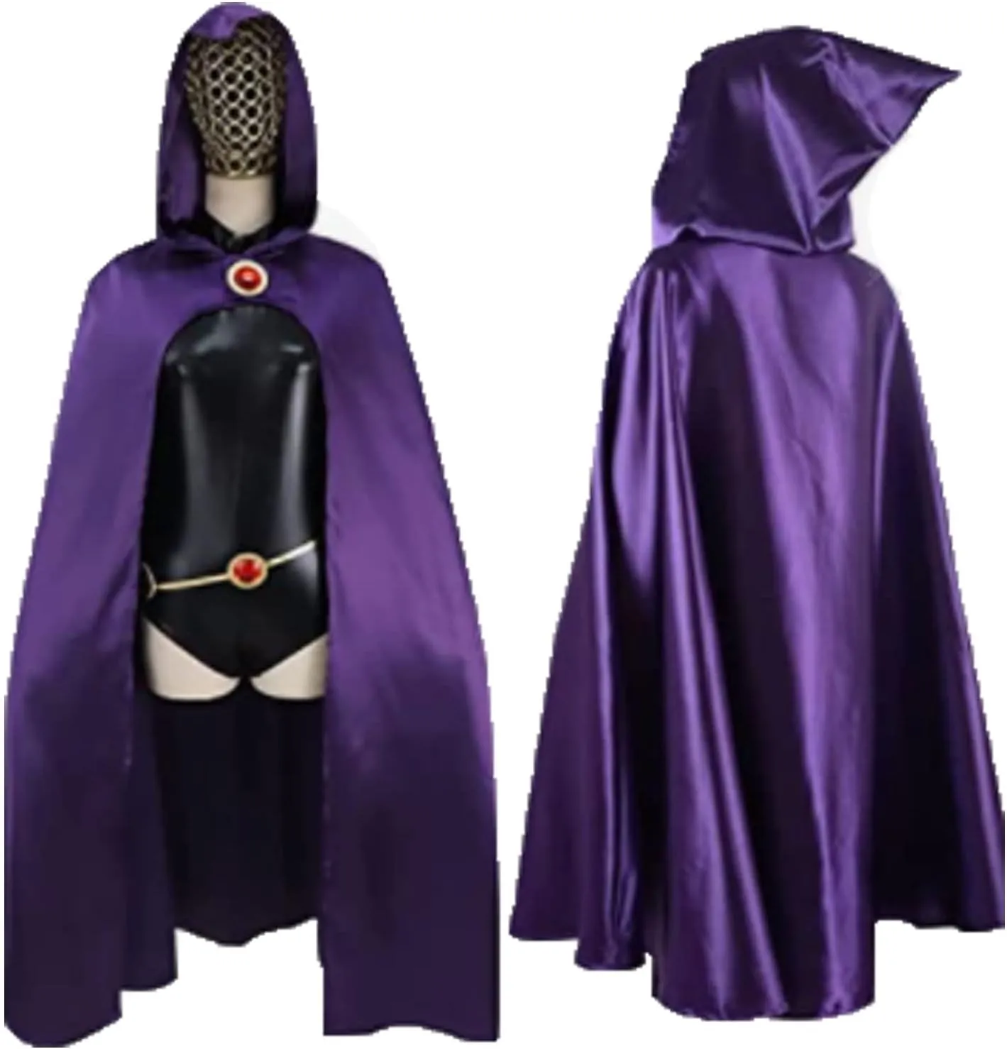 Cafele Raven Cosplay Costume Cape Cloak with Hood Costume Red Gem Belt Jumpsuit Halloween Suit for Women(XS)