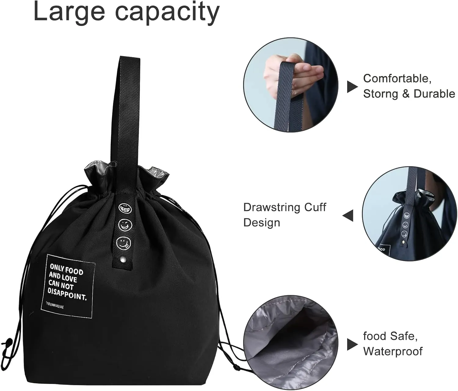 Canvas Drawstring Lunch Bag Reusable Lunch Bag Large Foldable Portable Insulated Handbag for Adult Women And Men Work Picnic or Travel (black)
