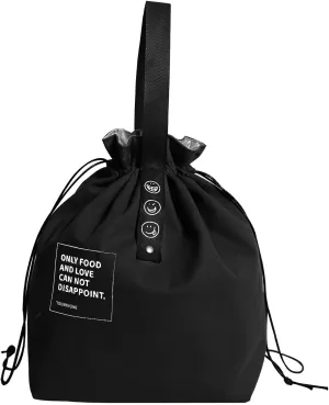 Canvas Drawstring Lunch Bag Reusable Lunch Bag Large Foldable Portable Insulated Handbag for Adult Women And Men Work Picnic or Travel (black)