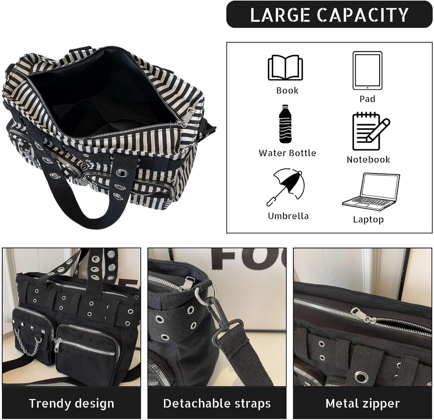 Canvas Grunge Gothic Crossbody Bag, Y2K Punk Messenger Bag for Women