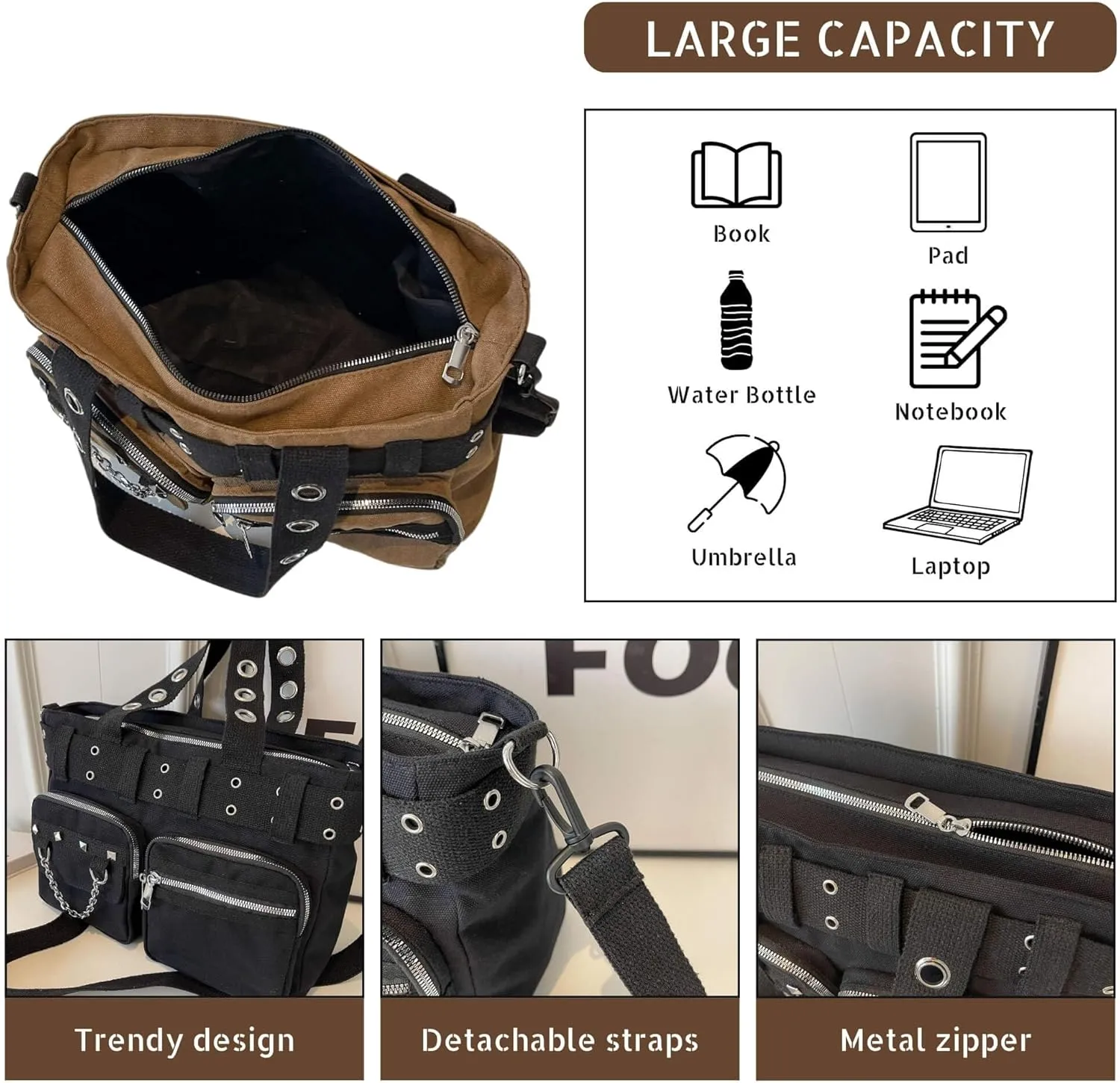 Canvas Grunge Gothic Crossbody Bag, Y2K Punk Messenger Bag for Women