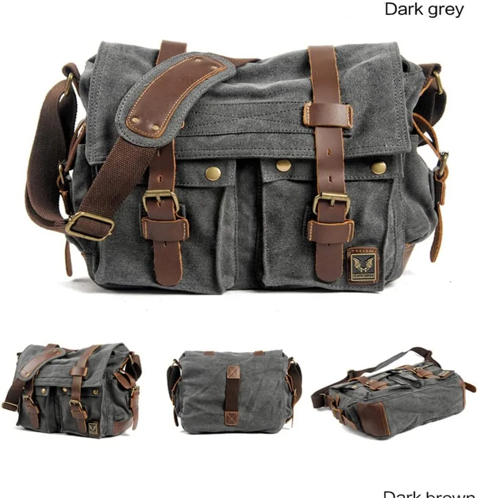 Canvas Leather Men Messenger Bag Satchel Shoulder Laptop Briefcase Travel Handbag for Men, Crossbody Computer Bag (Deep coffee)