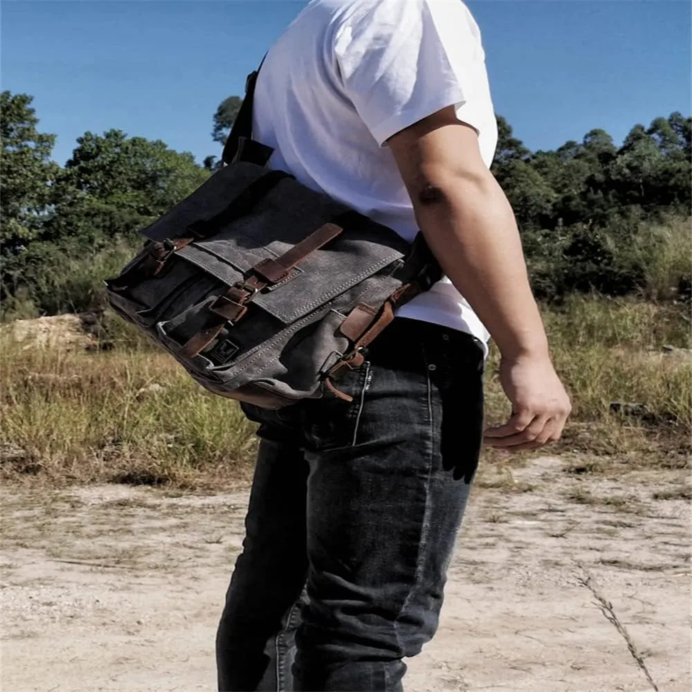 Canvas Leather Men Messenger Bag Satchel Shoulder Laptop Briefcase Travel Handbag for Men, Crossbody Computer Bag (Deep coffee)