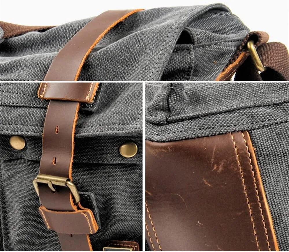 Canvas Leather Men Messenger Bag Satchel Shoulder Laptop Briefcase Travel Handbag for Men, Crossbody Computer Bag (Deep coffee)