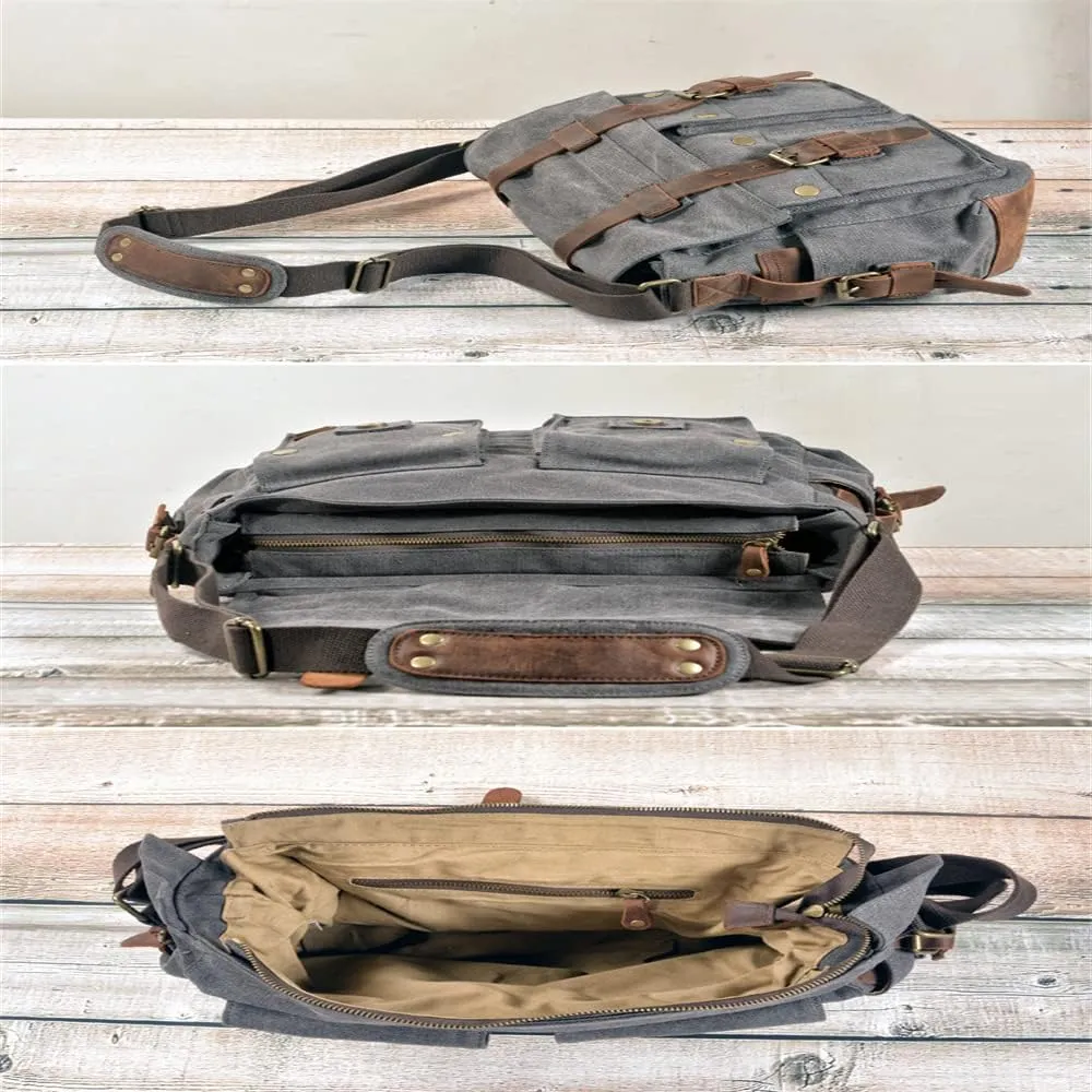 Canvas Leather Men Messenger Bag Satchel Shoulder Laptop Briefcase Travel Handbag for Men, Crossbody Computer Bag (Deep coffee)