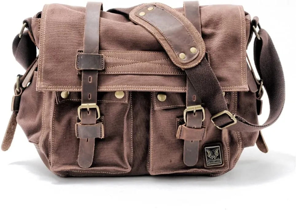 Canvas Leather Men Messenger Bag Satchel Shoulder Laptop Briefcase Travel Handbag for Men, Crossbody Computer Bag (Deep coffee)