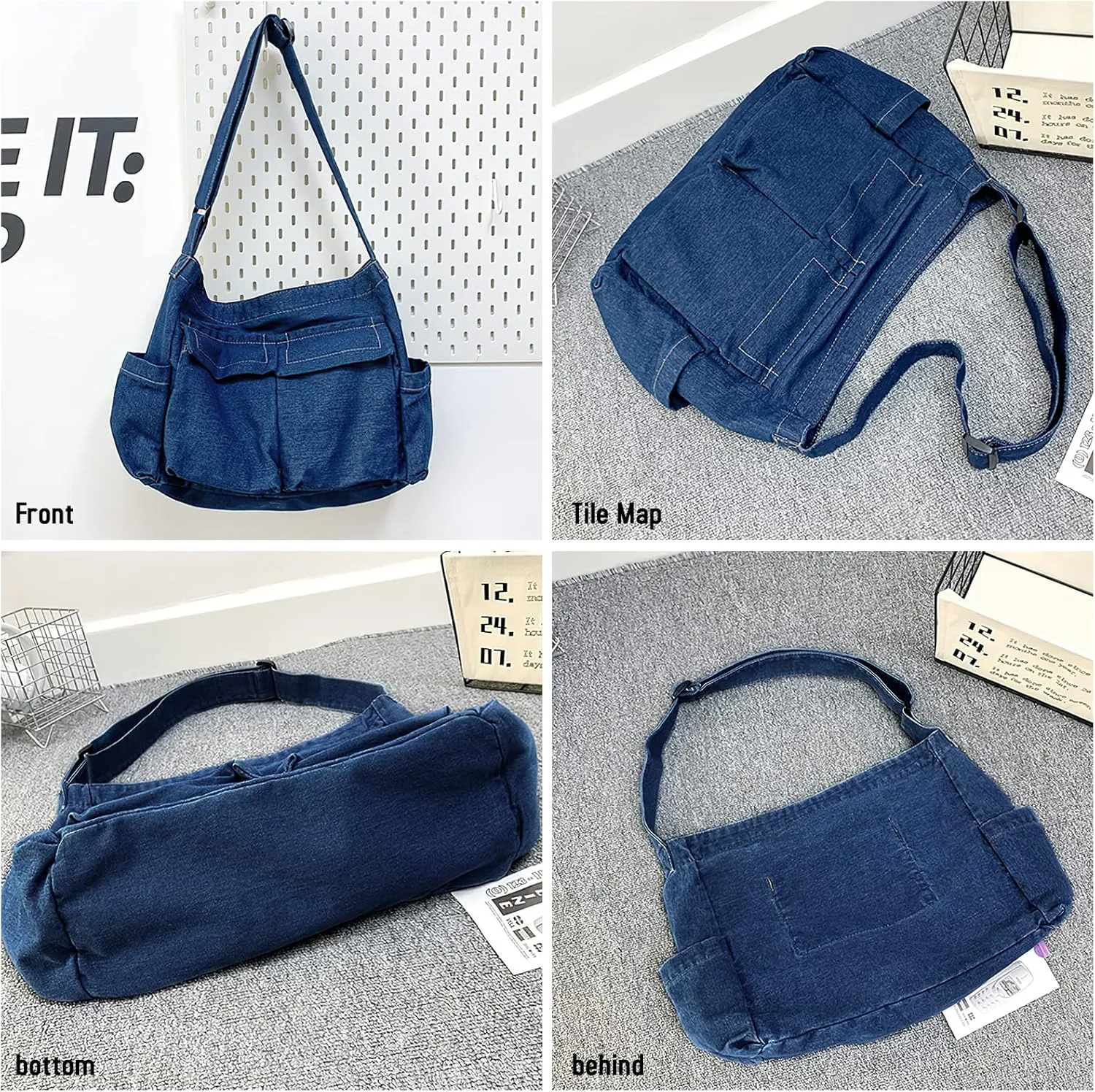 Canvas Messenger Bag Large Crossbody Bag Hobo Shoulder Handbags Multi Pocket Denim Tote Bag for Women and Men