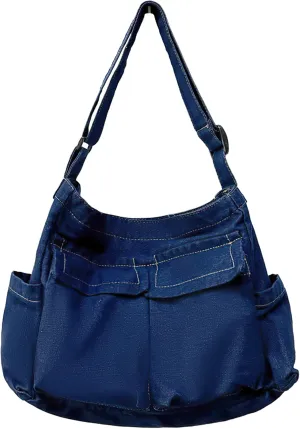 Canvas Messenger Bag Large Crossbody Bag Hobo Shoulder Handbags Multi Pocket Denim Tote Bag for Women and Men