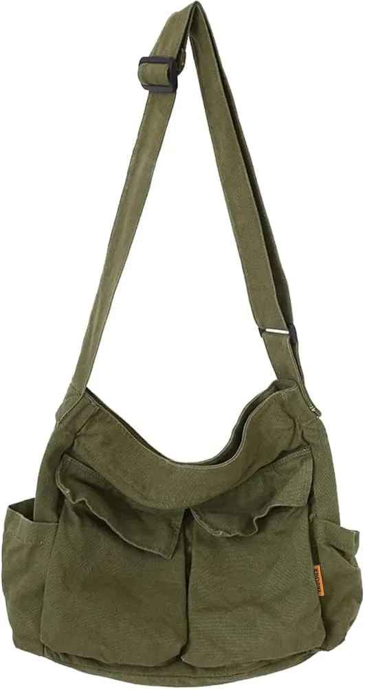 Canvas Messenger Bag Large Hobo Crossbody Bag with Multiple Pockets Casual Shoulder Tote Bag for Women and Men