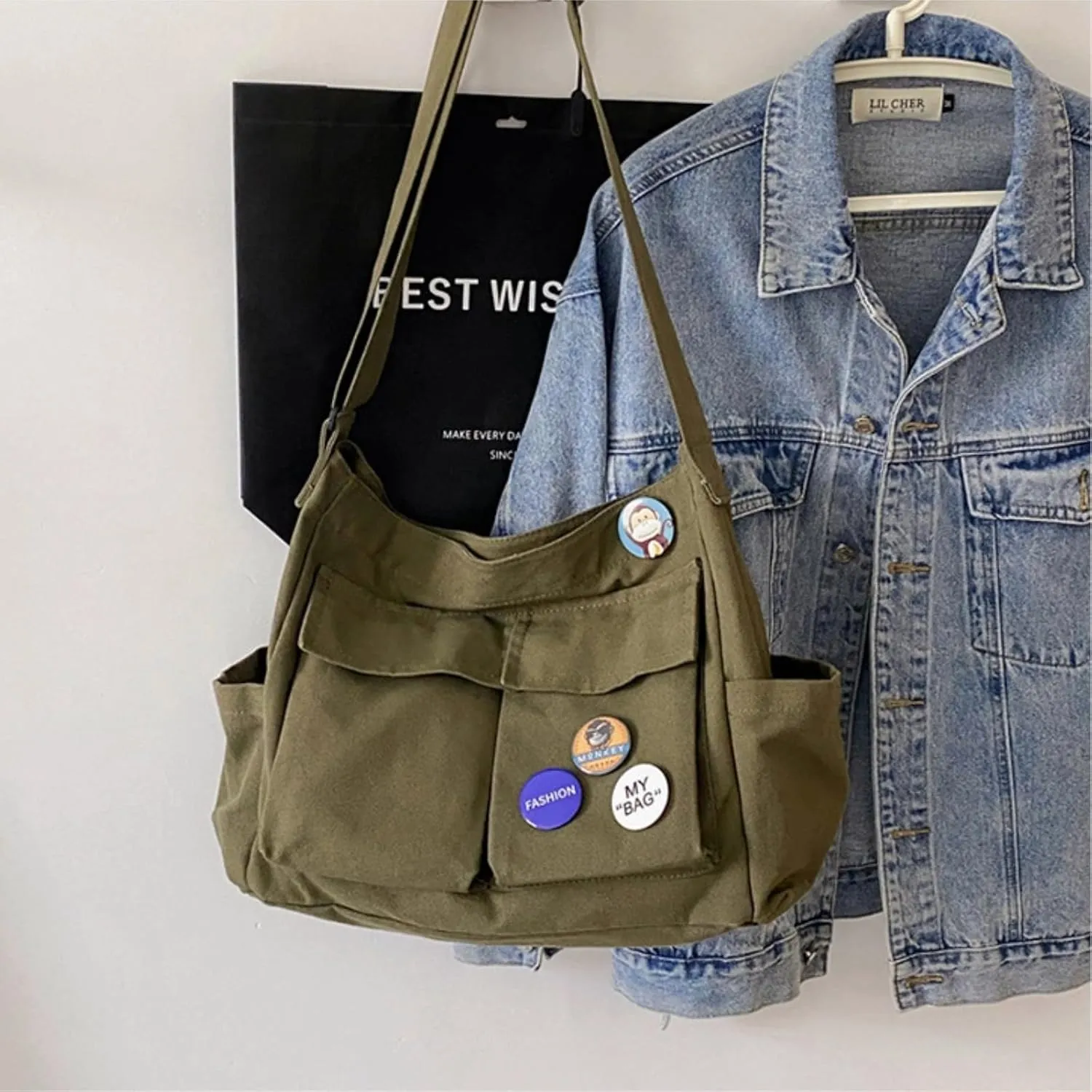 Canvas Messenger bag with Accessories for Women Aesthetic Vintage Crossbody Bag Shoulder Bag Tote Bag