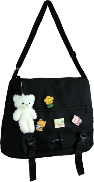 Canvas Messenger Bag with Cute Pins and Ornament, Kawaii Cross Body Shoulder Bag for Women Men, Compact Capacity Casual Bags for Travel, Aesthetic Accessories Stuff