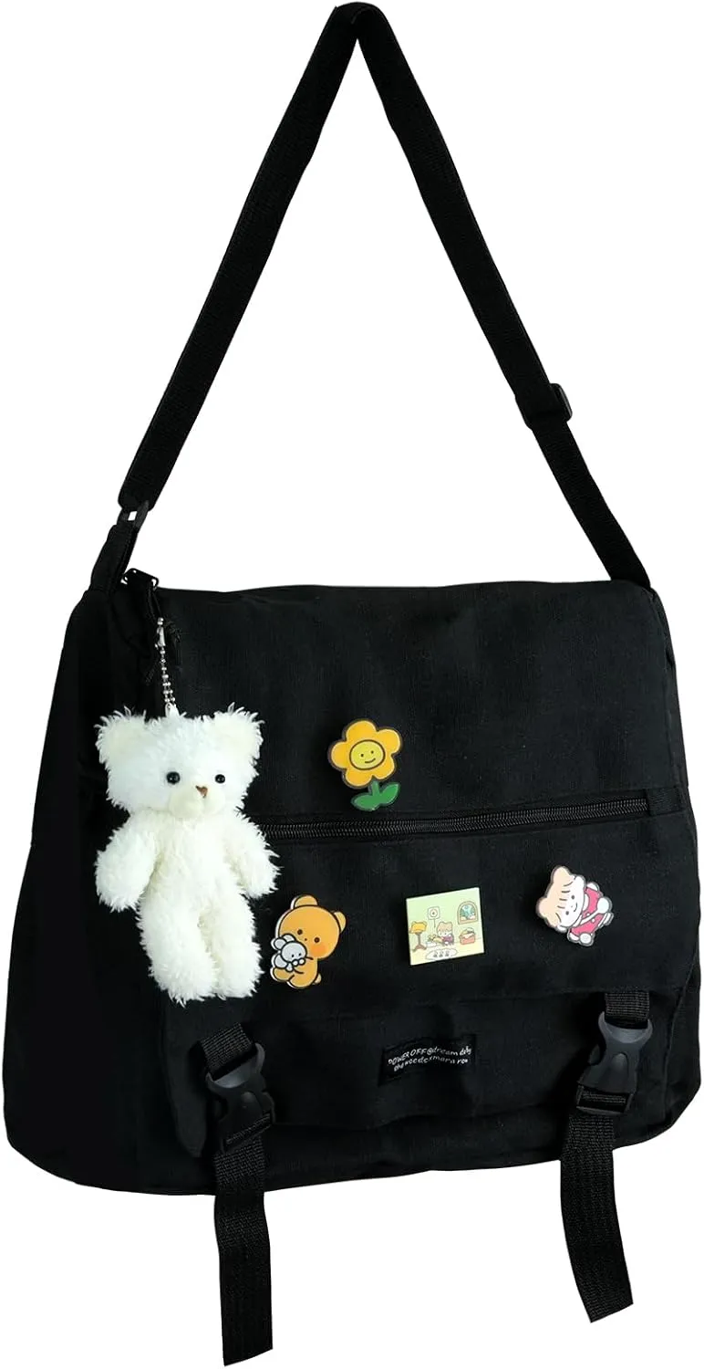 Canvas Messenger Bag with Cute Pins and Ornament, Kawaii Cross Body Shoulder Bag for Women Men, Compact Capacity Casual Bags for Travel, Aesthetic Accessories Stuff