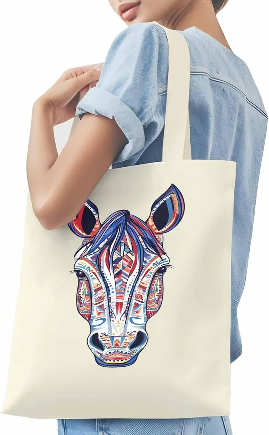 Canvas Tote Bag, Boho Purple Blue Horse patterned Canvas Tote Handbags for Women Shoulder Bag,