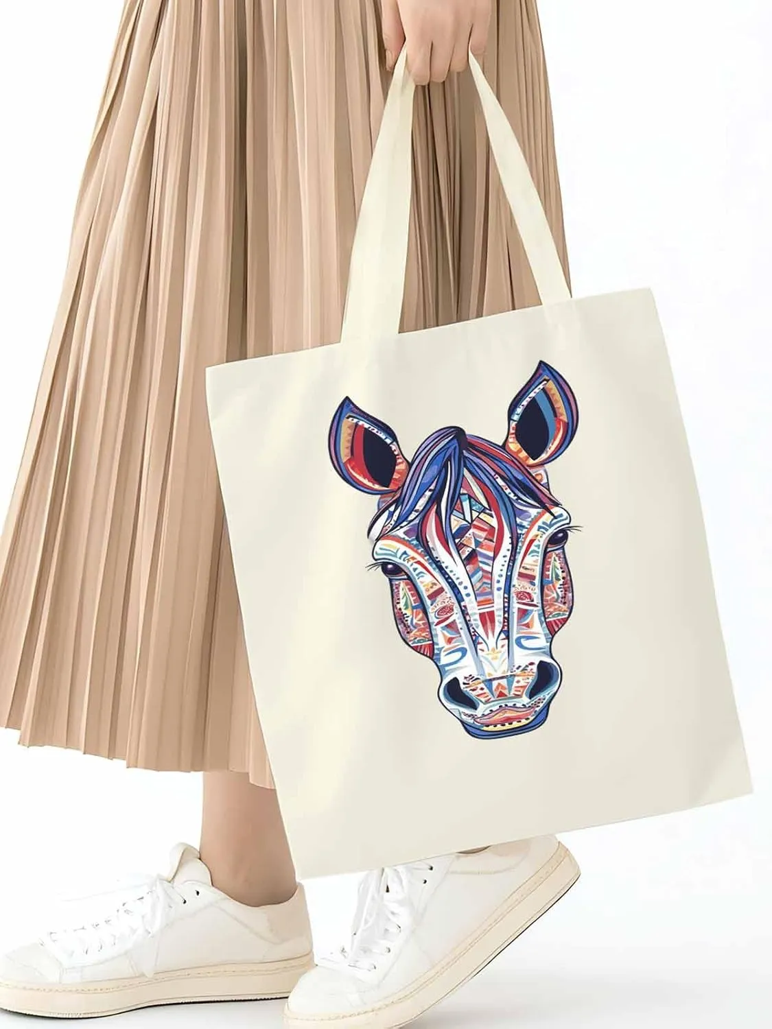 Canvas Tote Bag, Boho Purple Blue Horse patterned Canvas Tote Handbags for Women Shoulder Bag,
