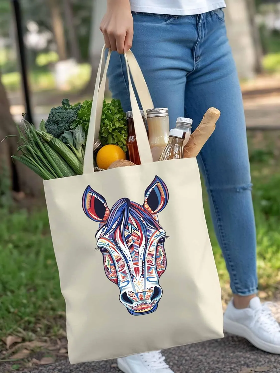 Canvas Tote Bag, Boho Purple Blue Horse patterned Canvas Tote Handbags for Women Shoulder Bag,