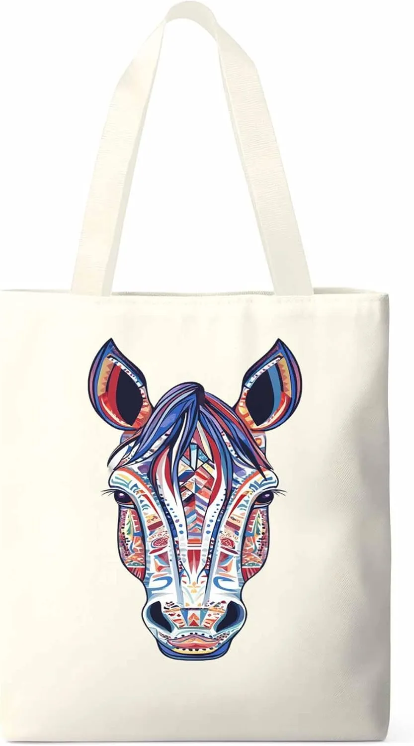 Canvas Tote Bag, Boho Purple Blue Horse patterned Canvas Tote Handbags for Women Shoulder Bag,