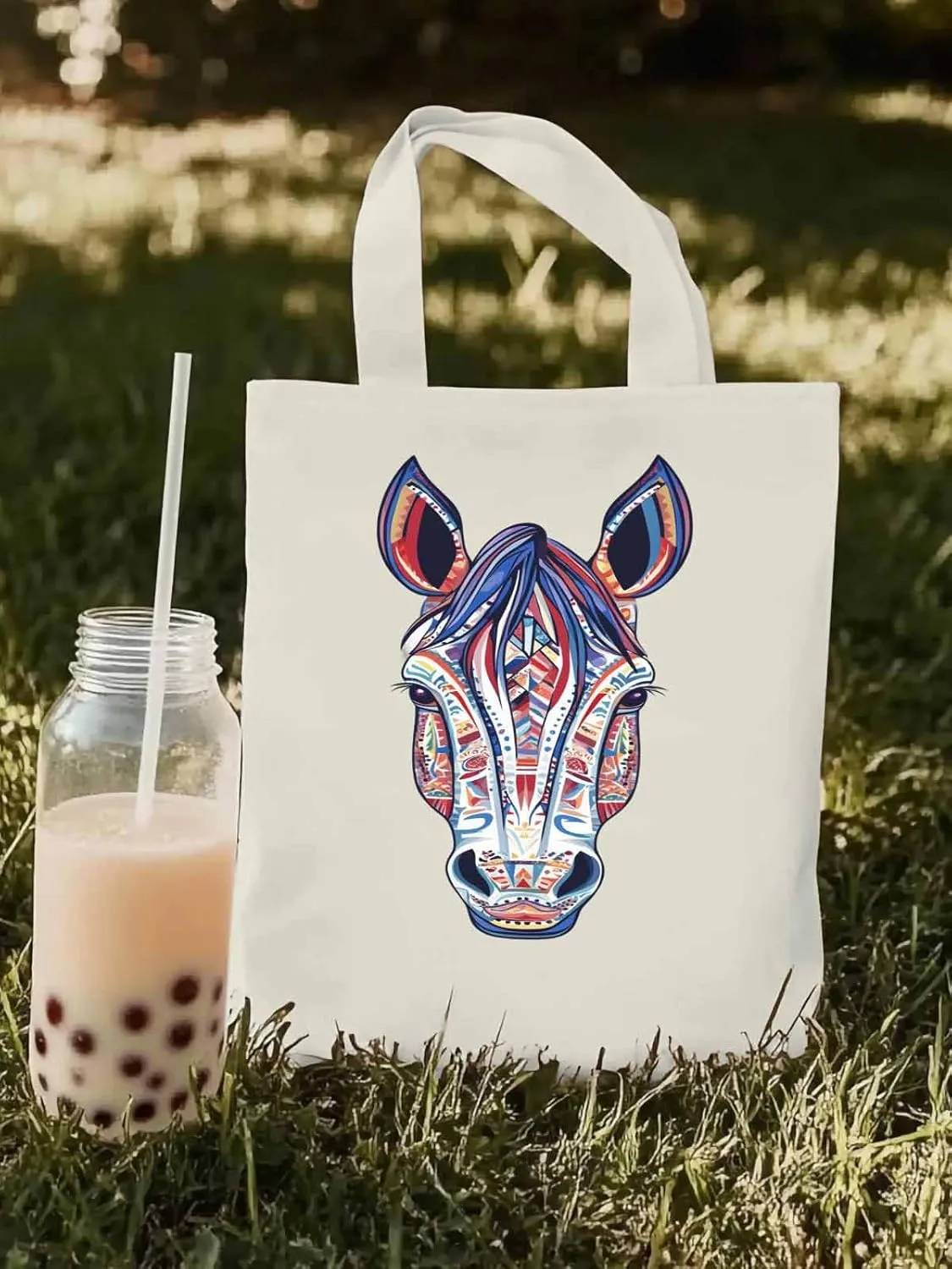 Canvas Tote Bag, Boho Purple Blue Horse patterned Canvas Tote Handbags for Women Shoulder Bag,