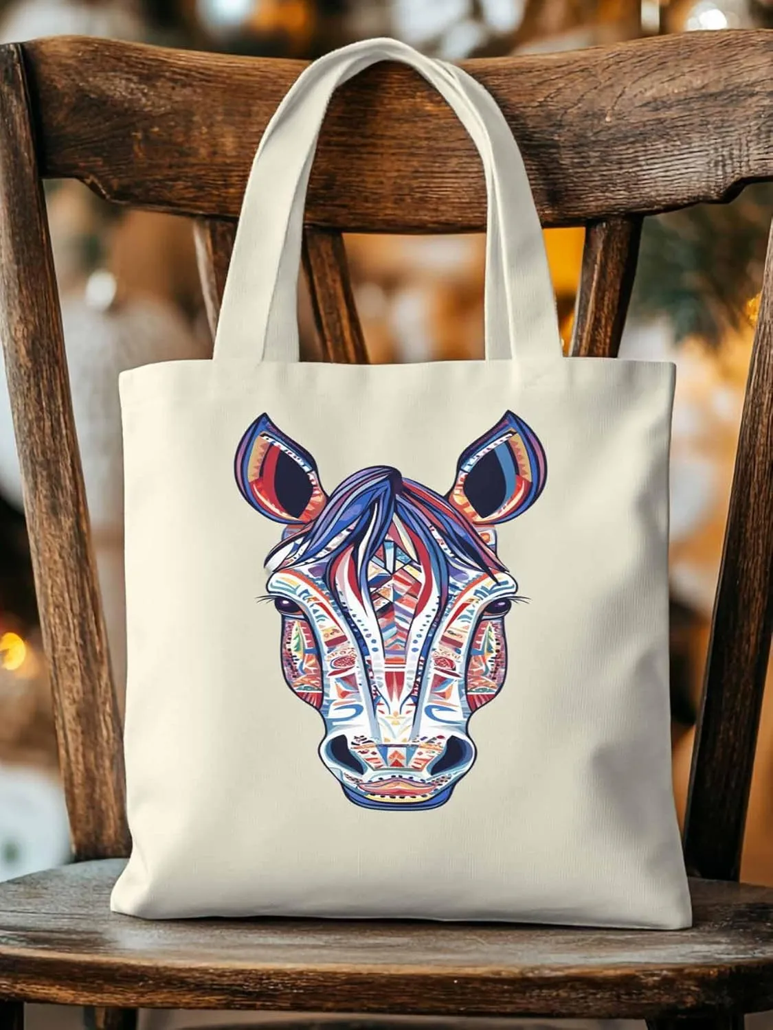 Canvas Tote Bag, Boho Purple Blue Horse patterned Canvas Tote Handbags for Women Shoulder Bag,