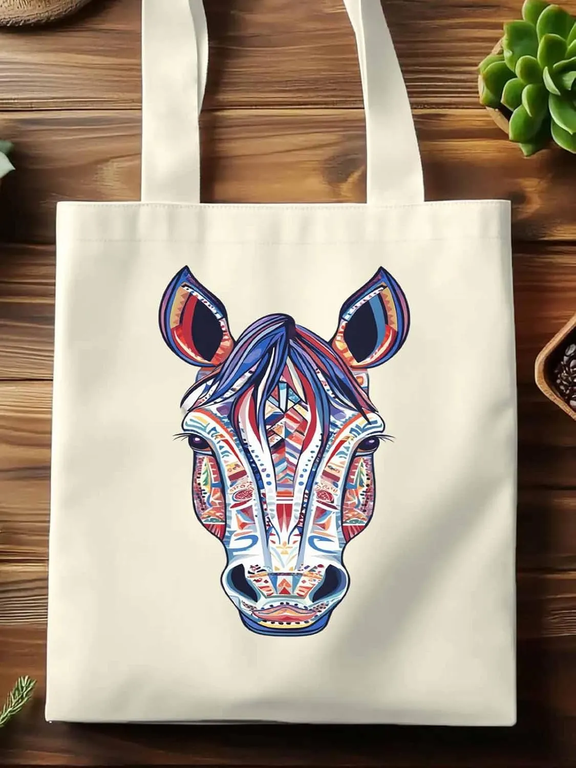 Canvas Tote Bag, Boho Purple Blue Horse patterned Canvas Tote Handbags for Women Shoulder Bag,